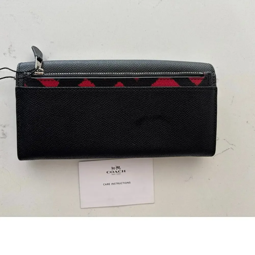 New COACH F23453 Slim envelope black leather wallet with wild plaid mini wallet